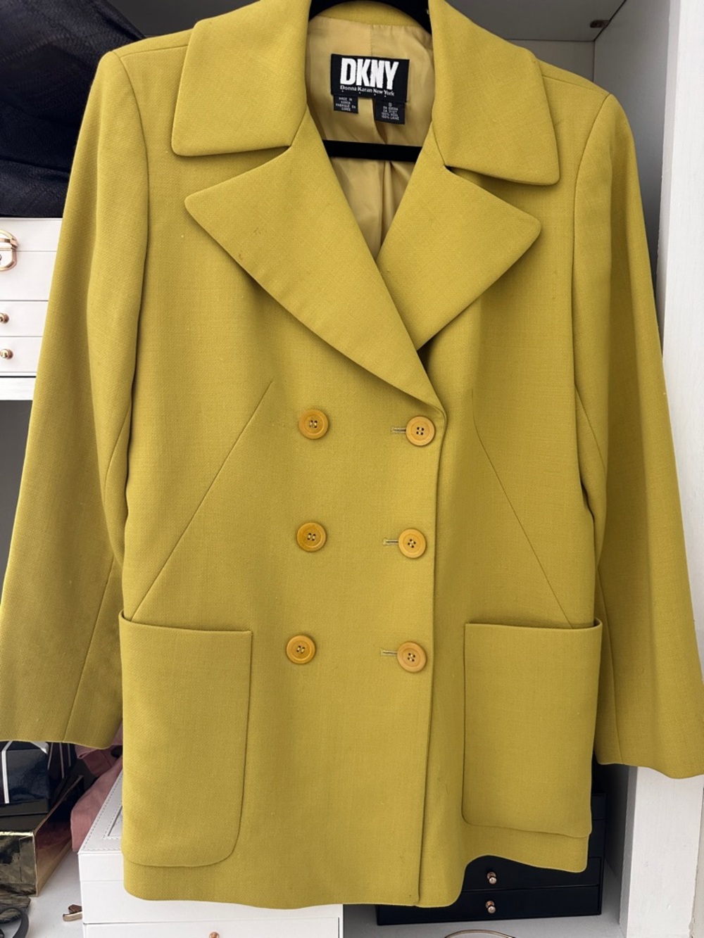 VTG DKNY Donna Karan New York Women's Double Breast Blazer Yellow Wool Size 8